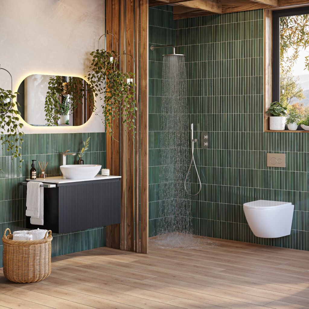 Green vertical tiled wet room with rainfall shower, wall mounted modern basin unit with counter top bowl and brushed chrome tap. Wall mounted toilet with brushed chrome flushplate.